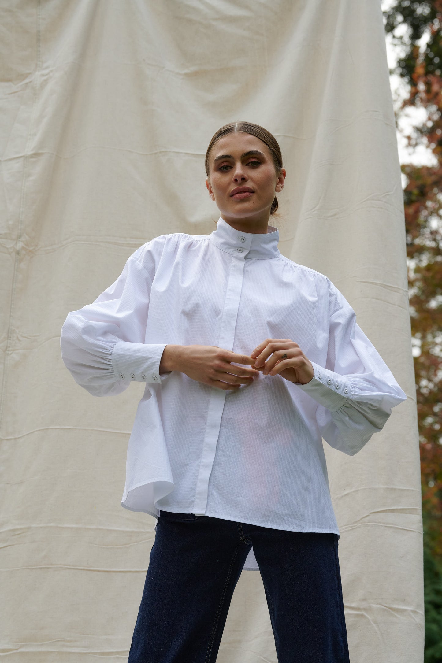 Elena High Collared White Cotton Shirt