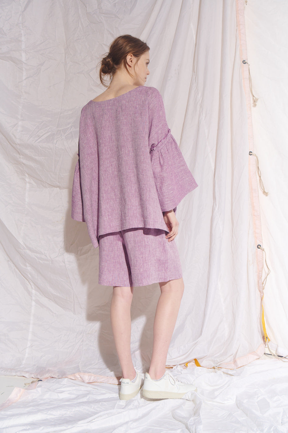 Ela Linen Top with Flounce Sleeve Lilac Cross Dye