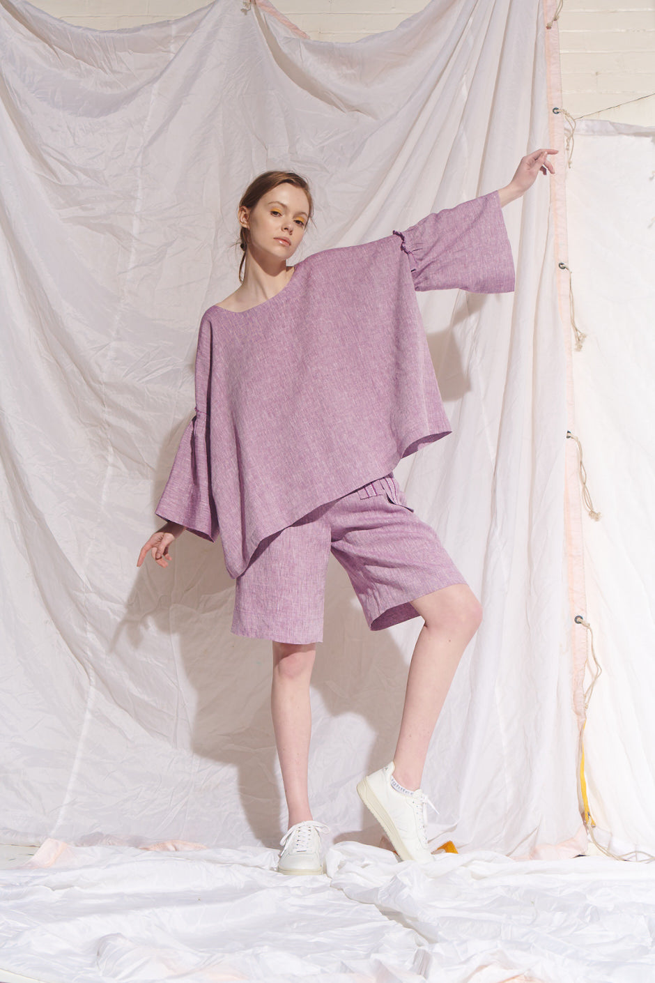 Belted Mata Linen Short Lilac Cross Dye