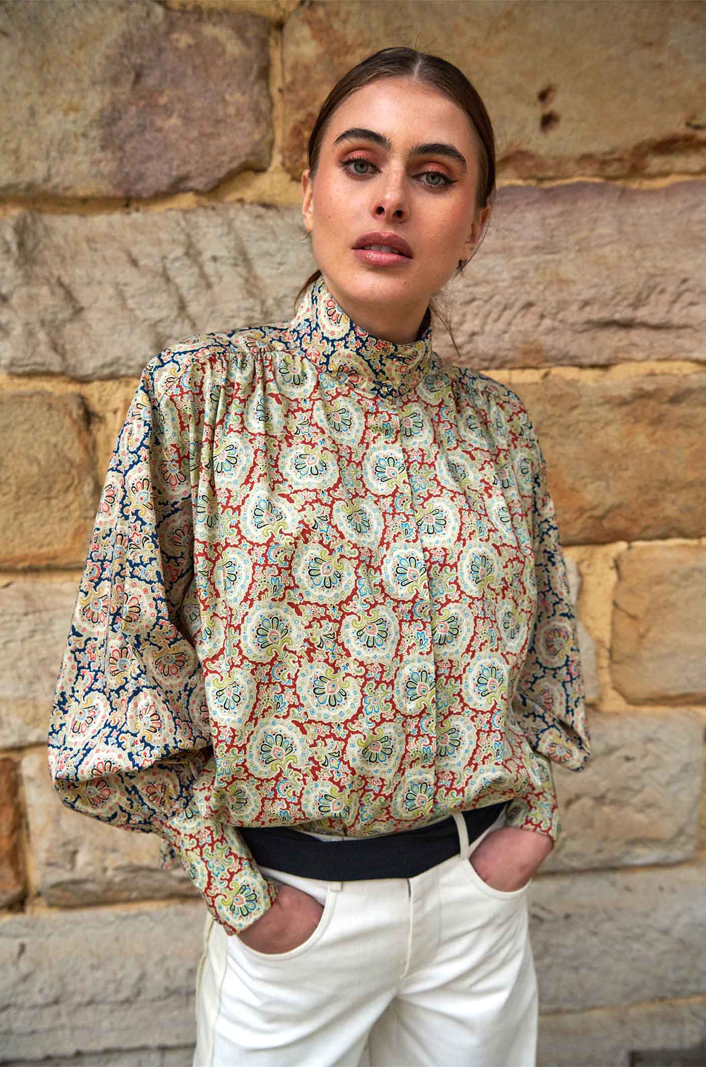 Elena High Collared Paisley Cotton Shirt