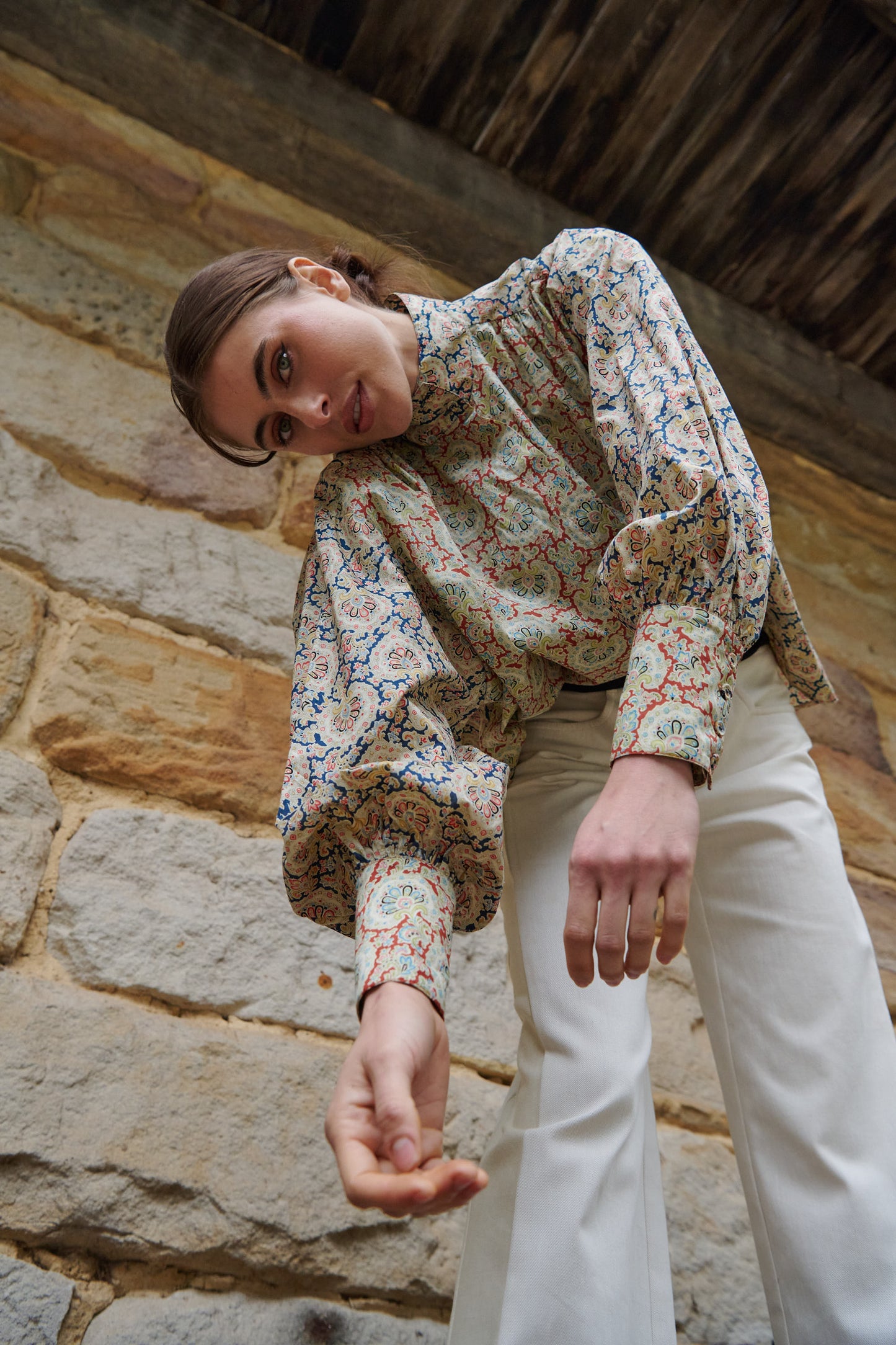 Elena High Collared Paisley Cotton Shirt