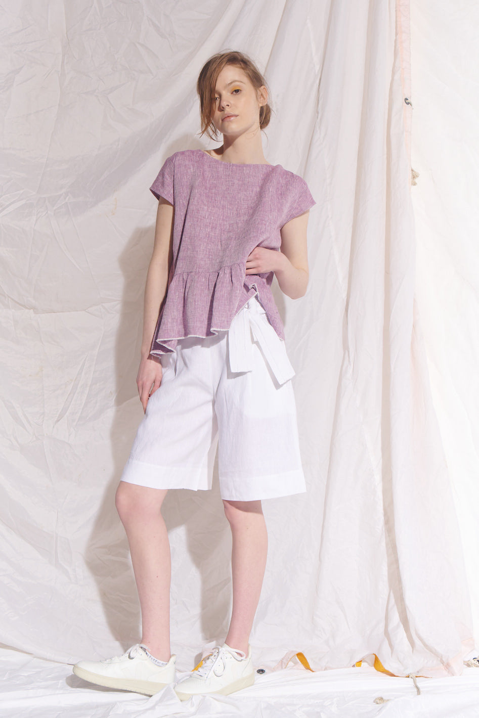 Belted Mata Linen Short White