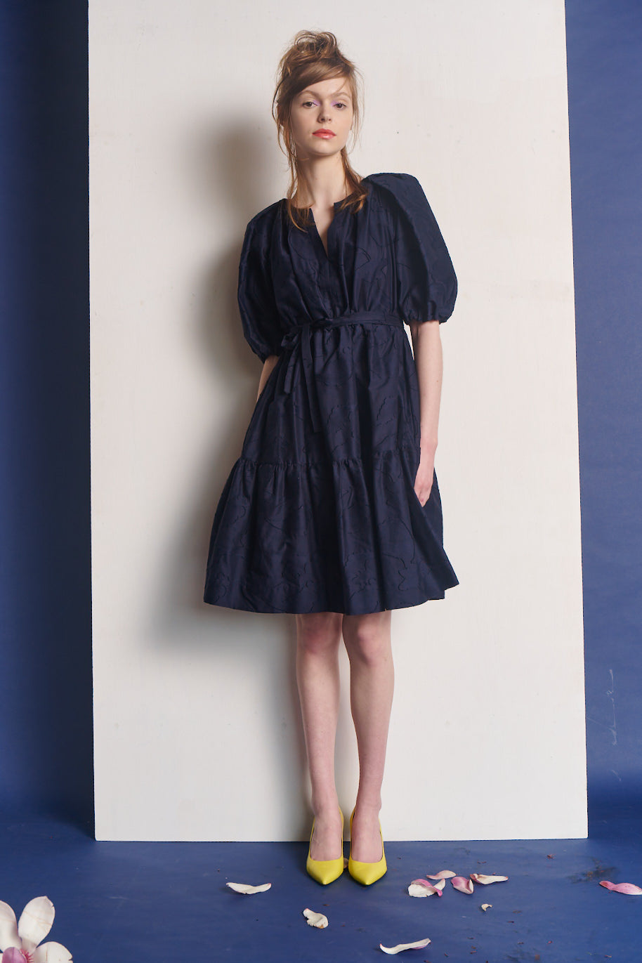 Jolie Puff Sleeve Short Dress Cotton Jacquard Navy