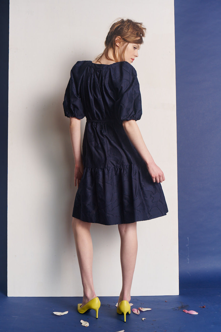 Jolie Puff Sleeve Short Dress Cotton Jacquard Navy