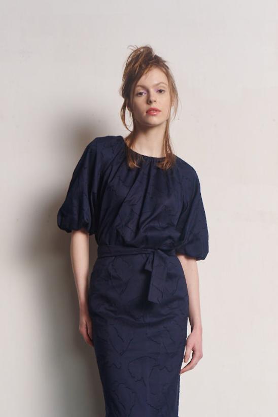 Balloon Sleeve Top Japanese Cotton Jacquard Navy