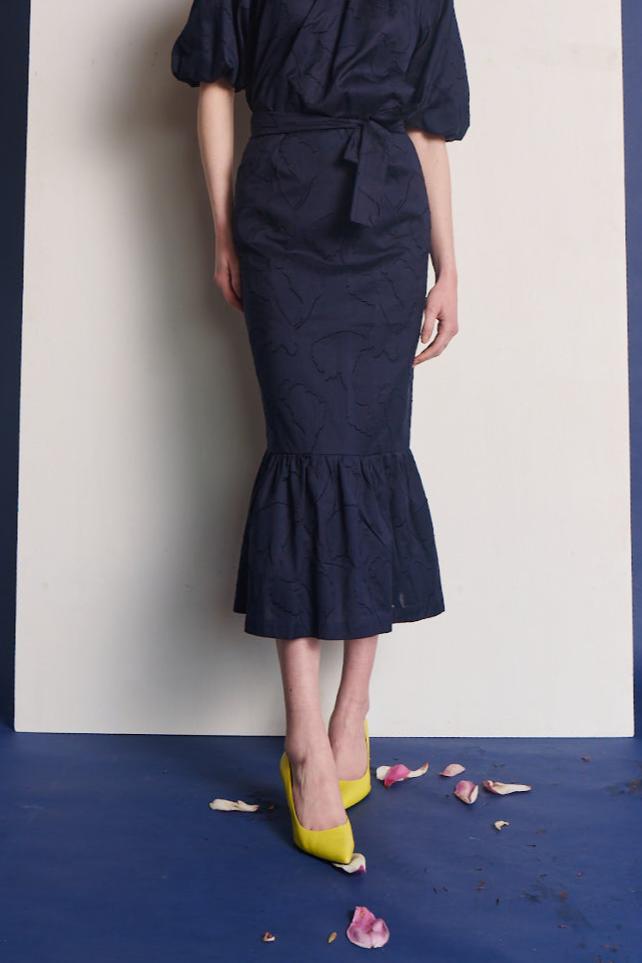 Midi Peplum Skirt Cotton Jacquard Navy