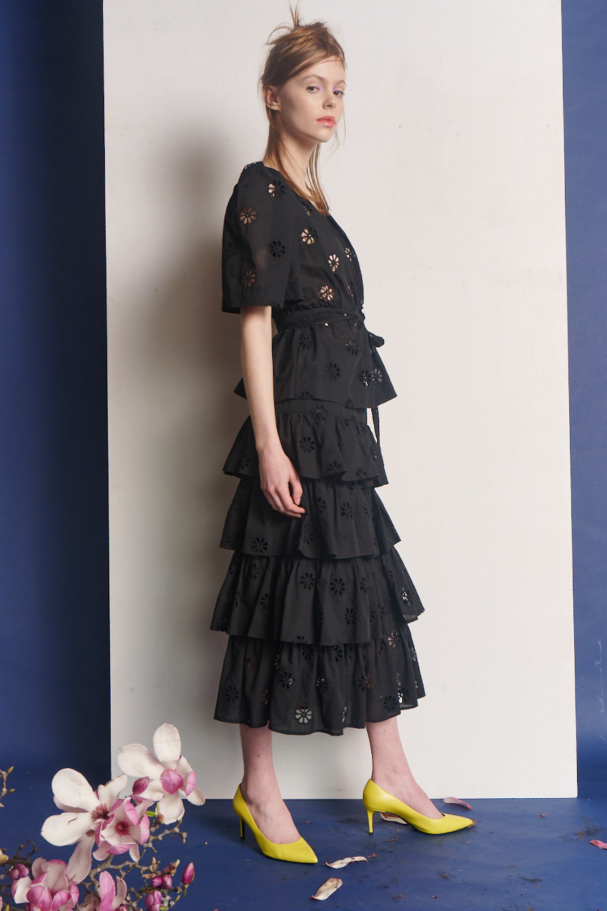 Tiered Flounce Midi Cotton Skirt Black Broderie Anglaise