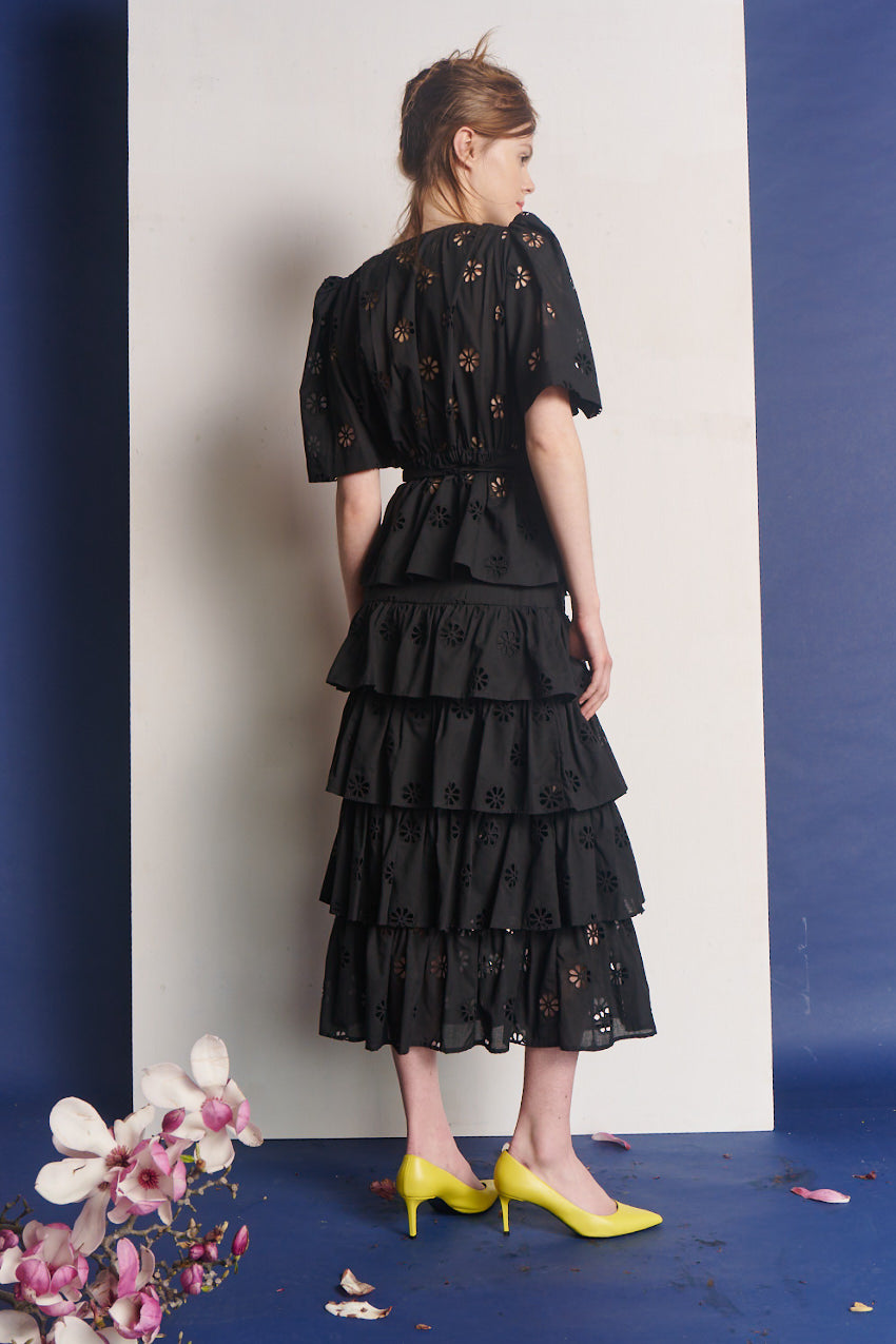 Tiered Flounce Midi Cotton Skirt Black Broderie Anglaise