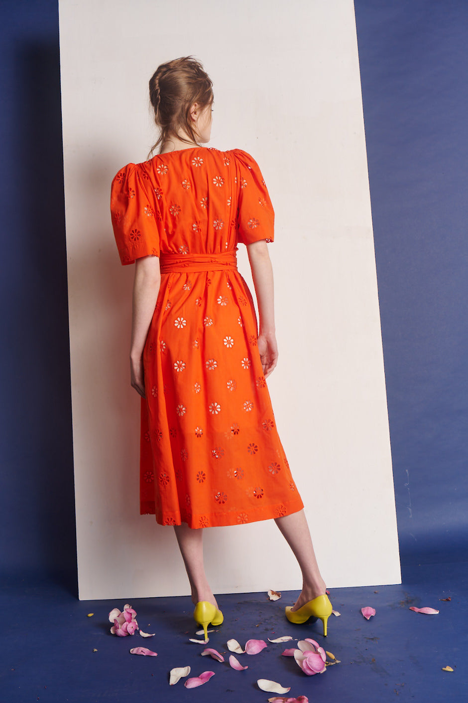 Demi Midi Cotton Dress with Butterfly Sleeve Poppy Red Broderie Anglaise