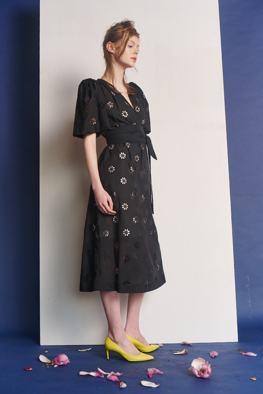 Demi Midi Cotton Dress with Butterfly Sleeve Broderie Anglaise Black