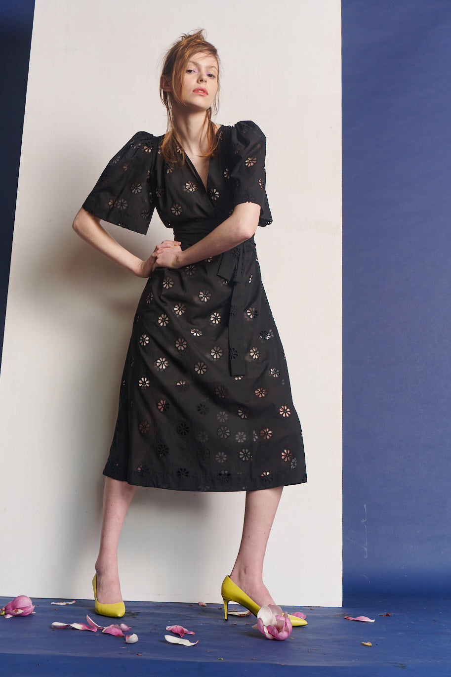 Demi Midi Cotton Dress with Butterfly Sleeve Broderie Anglaise Black