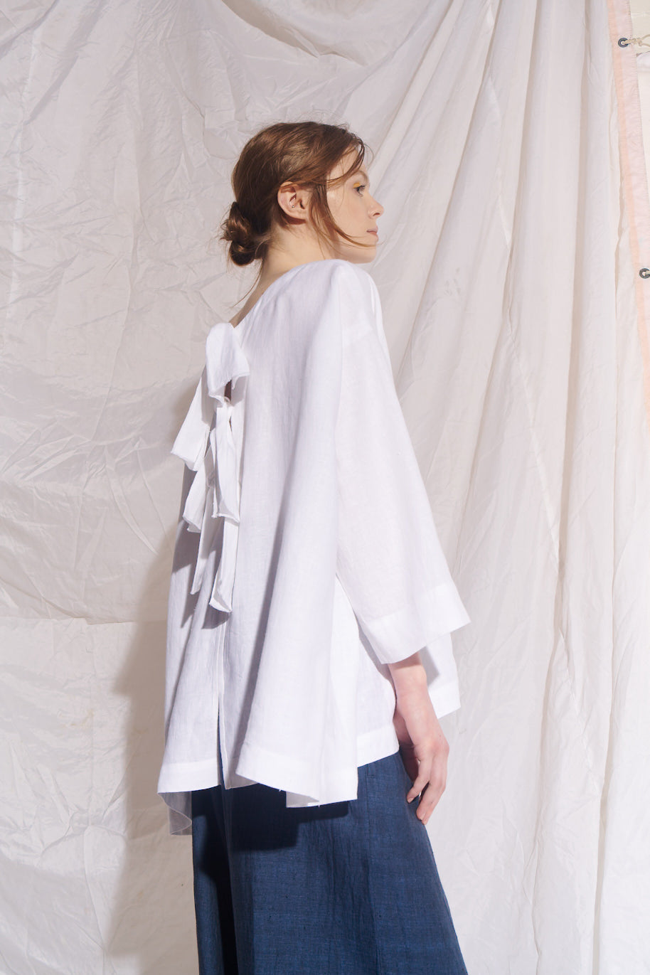 Ela Linen Top with Smock and Tie Detail White