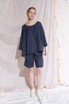 Ela Linen Top with Smock and Tie Detail NavyBlack Cross Dye