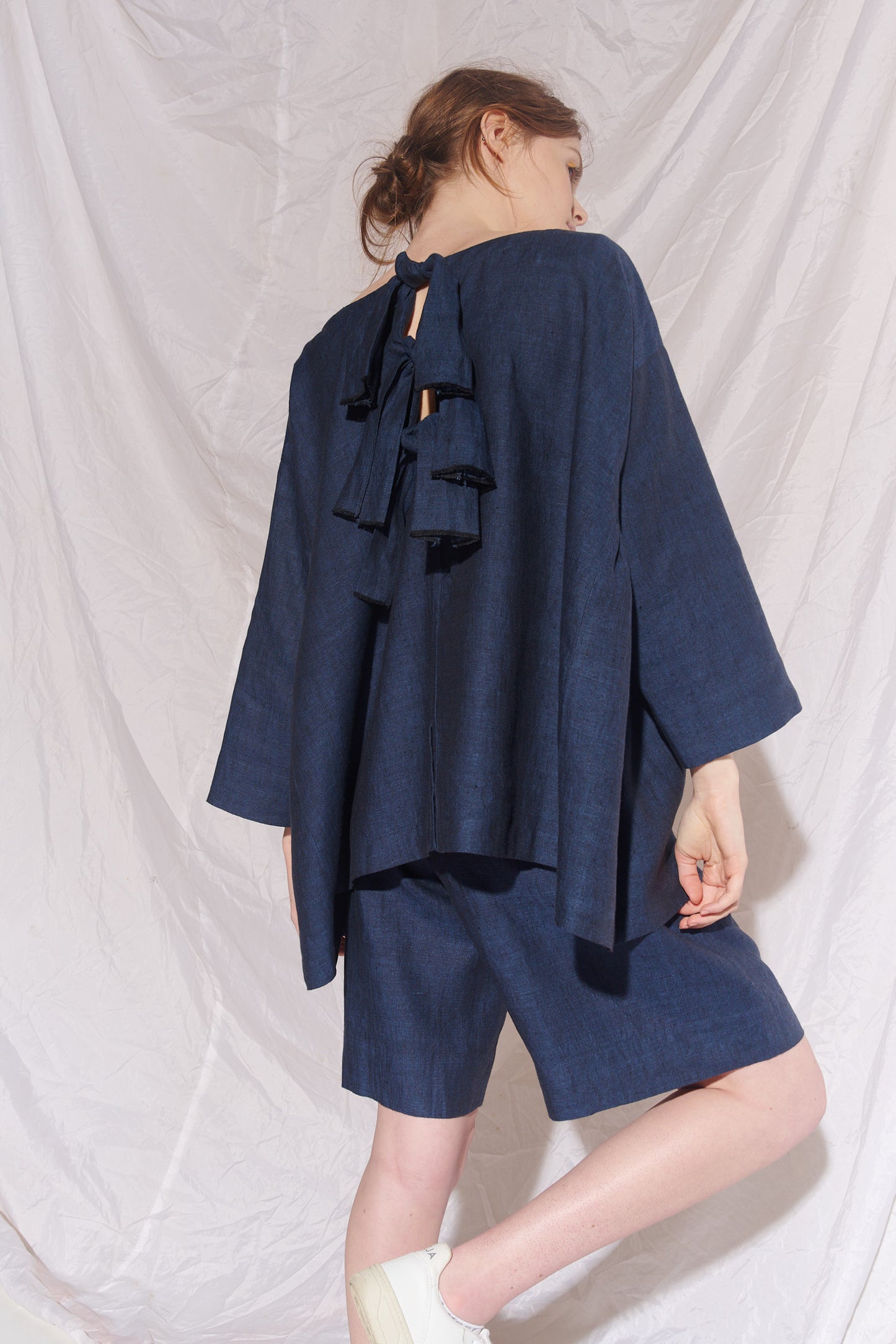 Ela Linen Top with Smock and Tie Detail NavyBlack Cross Dye