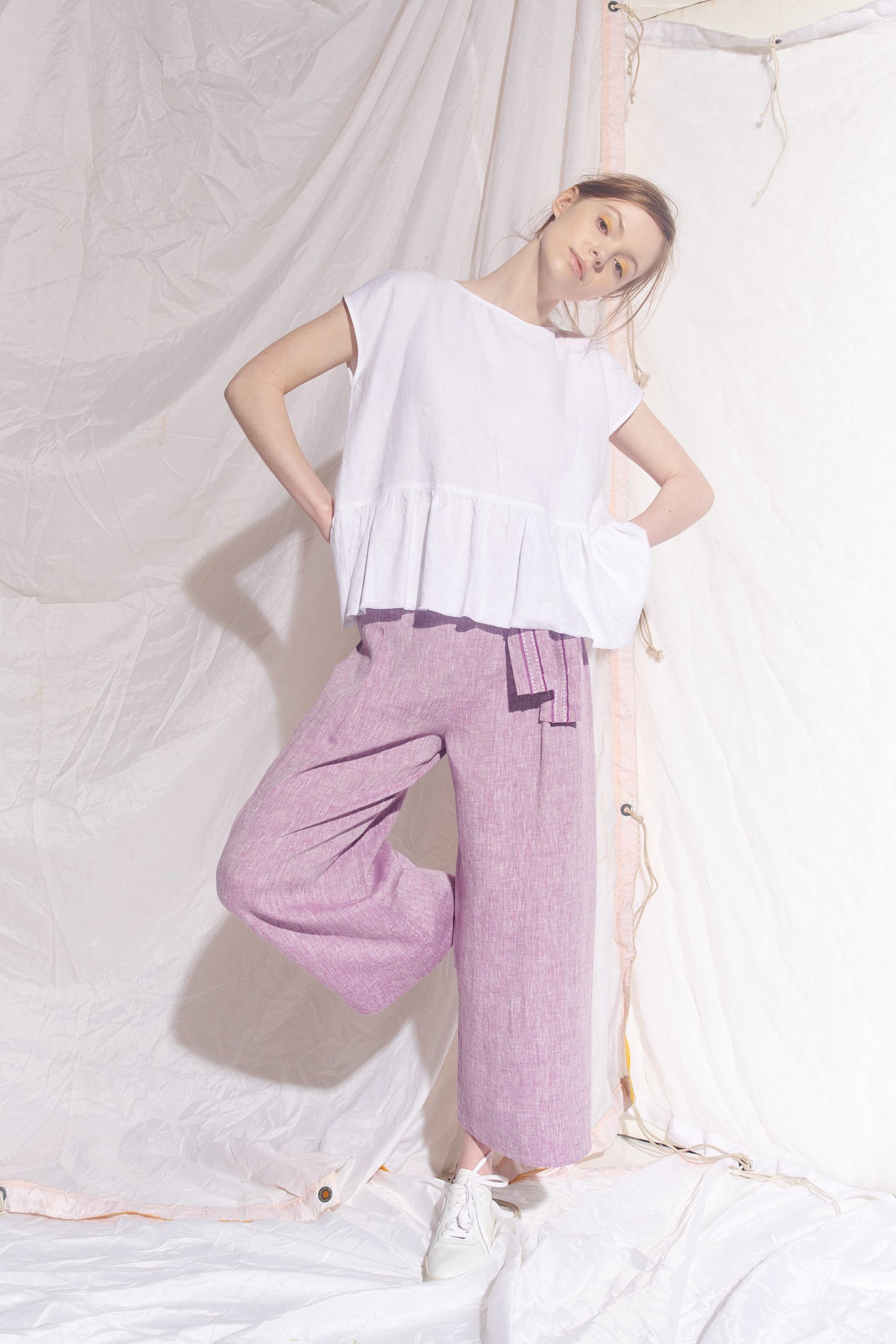 Belted Mata Linen Crop Pant Lilac Cross Dye