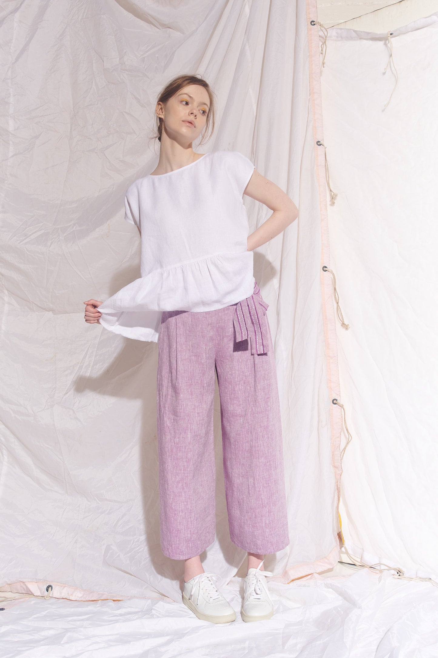 Belted Mata Linen Crop Pant Lilac Cross Dye