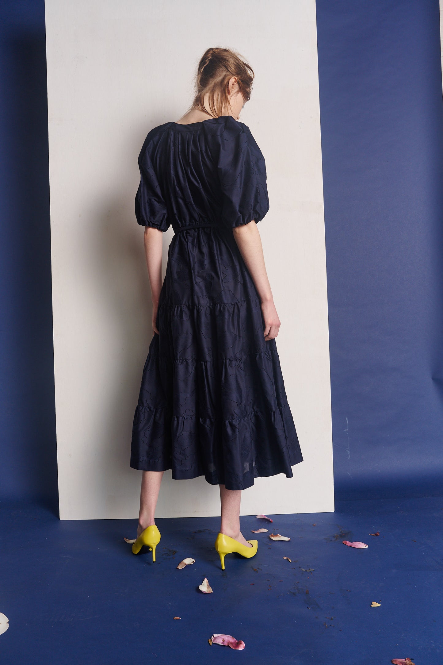 Jolie Puff Sleeve Midi Dress Cotton Jacquard Navy