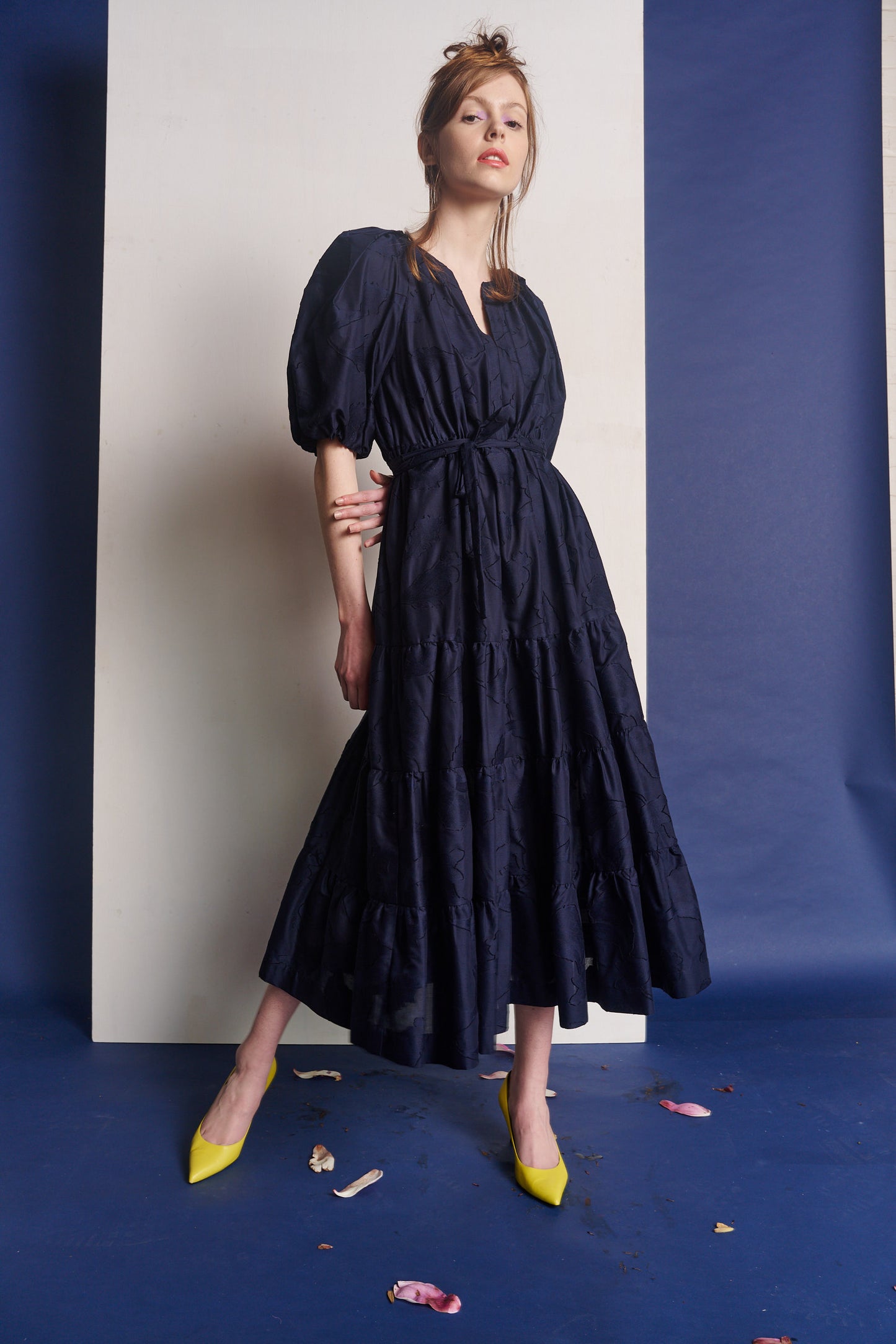 Jolie Puff Sleeve Midi Dress Cotton Jacquard Navy