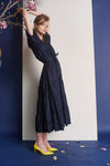 Jolie Puff Sleeve Midi Dress Cotton Jacquard Navy