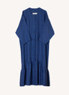 A blue, easy fit, midi-length dress with round neckline, long sleeves, centre front button fastening, flounced hem and embroidered detail at the back made from European pure linen