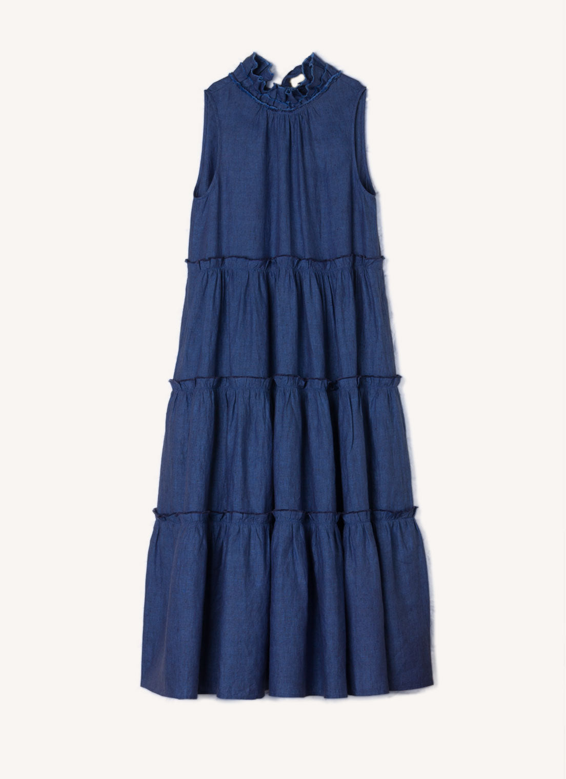 A blue, sleeveless, pure European linen, tiered dress with ruffled collar and detailing
