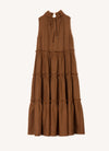 A bronze, sleeveless, pure European linen, tiered dress with ruffled collar and detailing