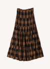 A bronze plaid, tiered, maxi skirt with elasticated waist and gathered detail made from handwoven ikat cotton