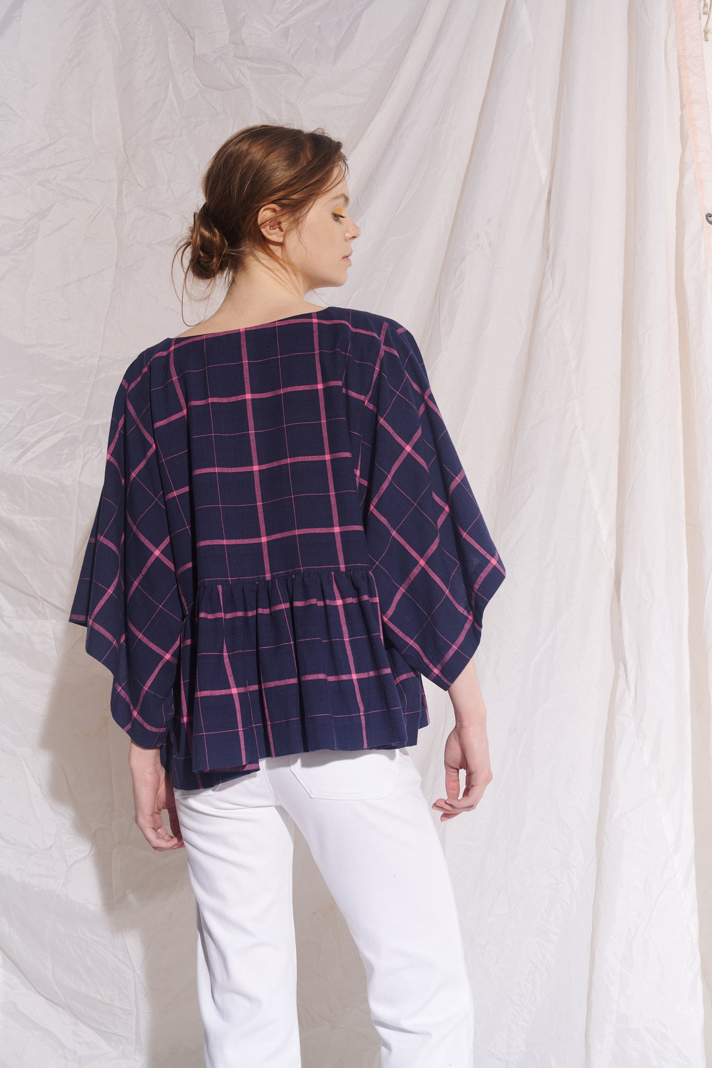 Kiki Kimono Sleeve Blouse Indigo Pink Check