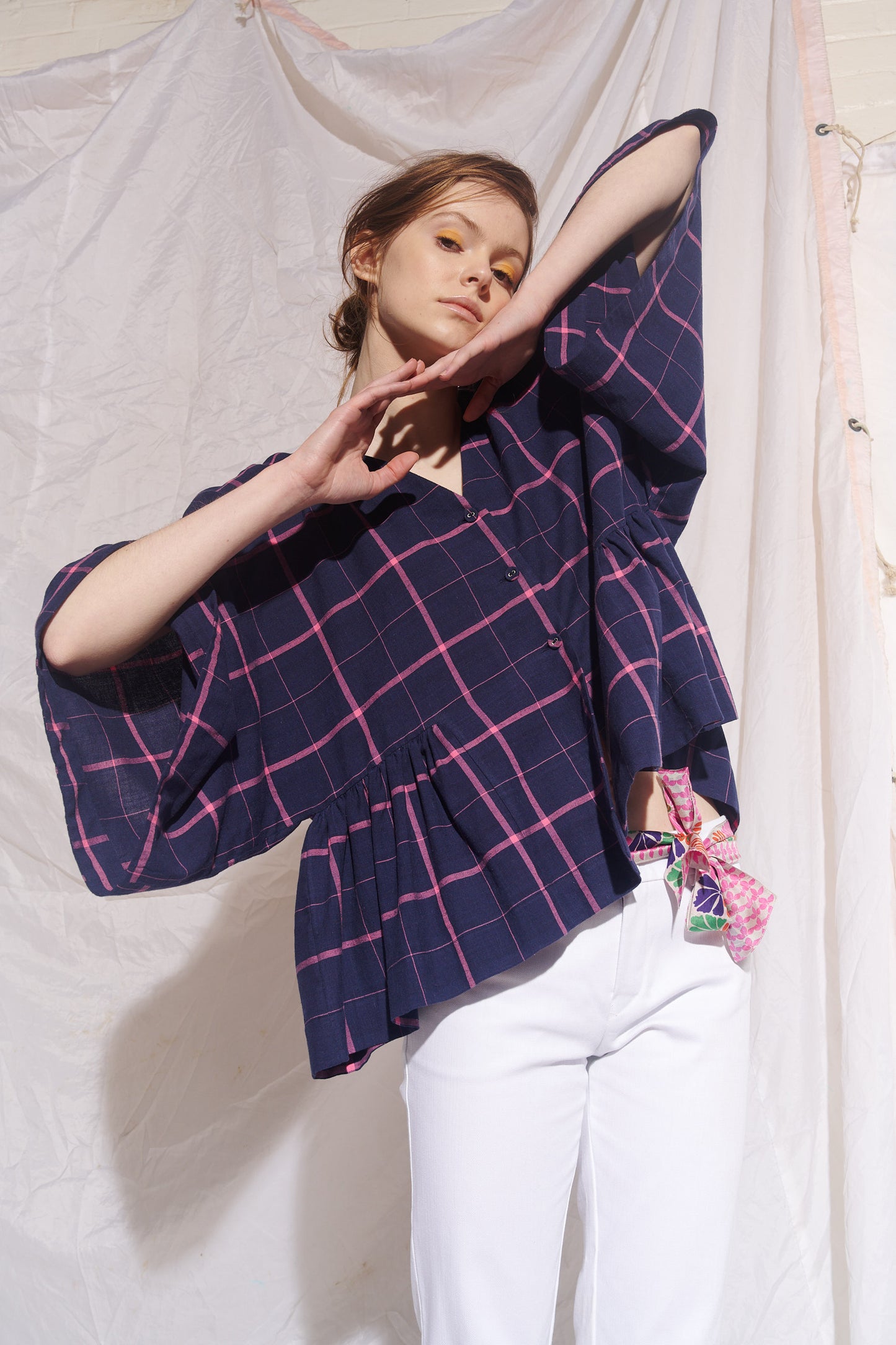 Kiki Kimono Sleeve Blouse Indigo Pink Check